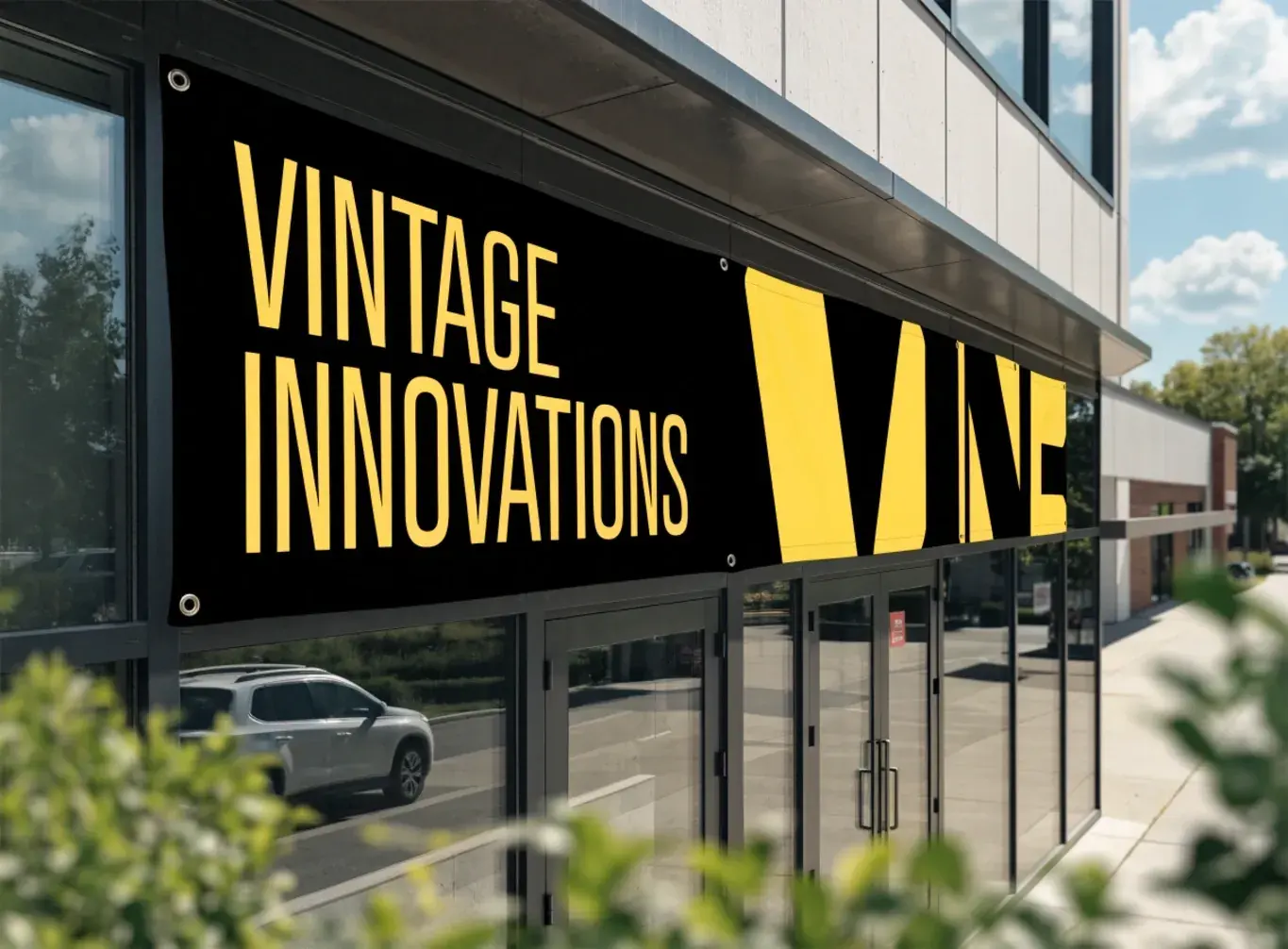 Black and yellow “Vintage Innovations” vinyl banner with grommets, hung across a storefront above its glass doors