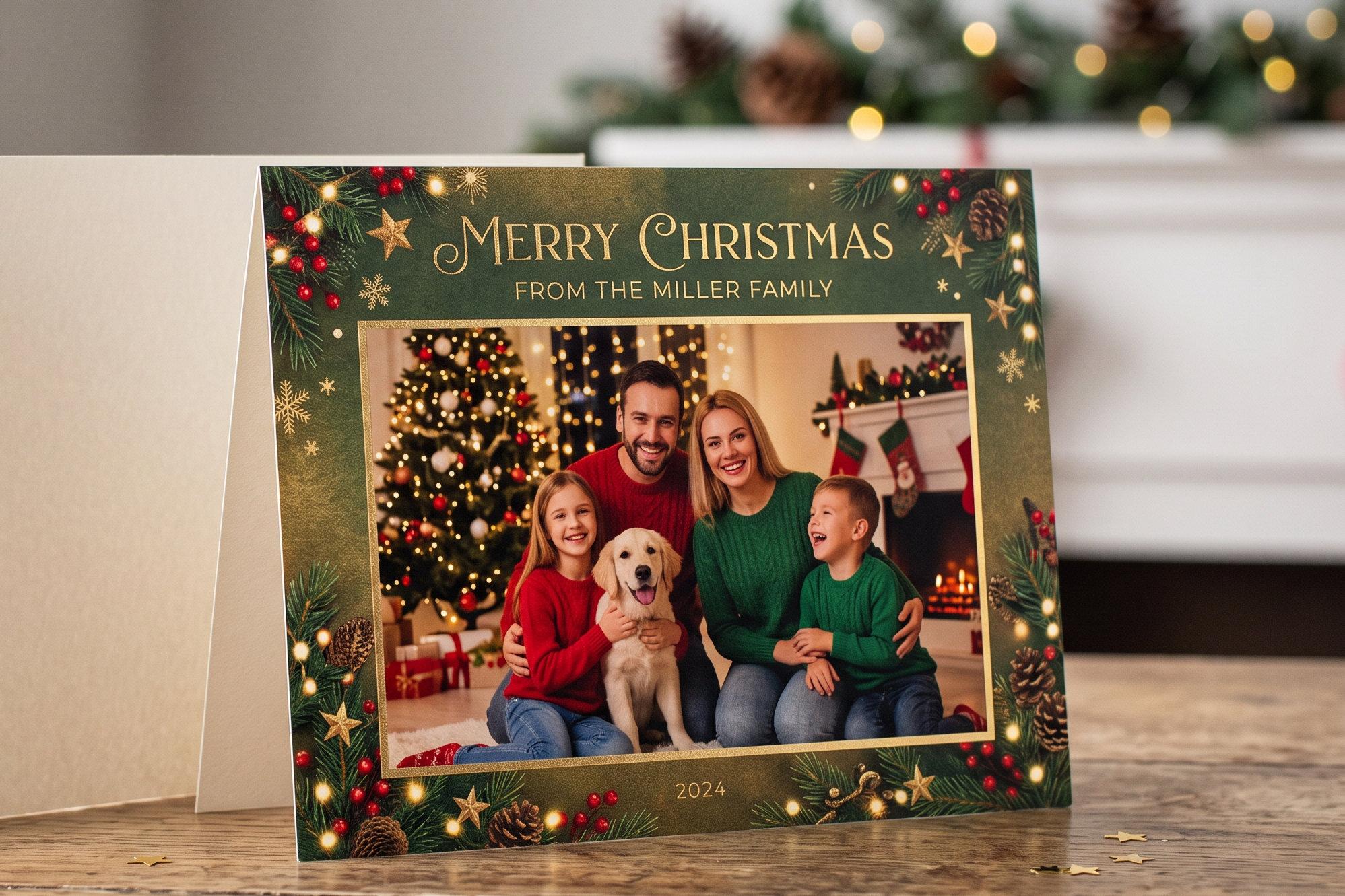 Custom photo Christmas card reading “Merry Christmas from the Miller Family,” with a family and their golden retriever framed by pine, berries and gold stars