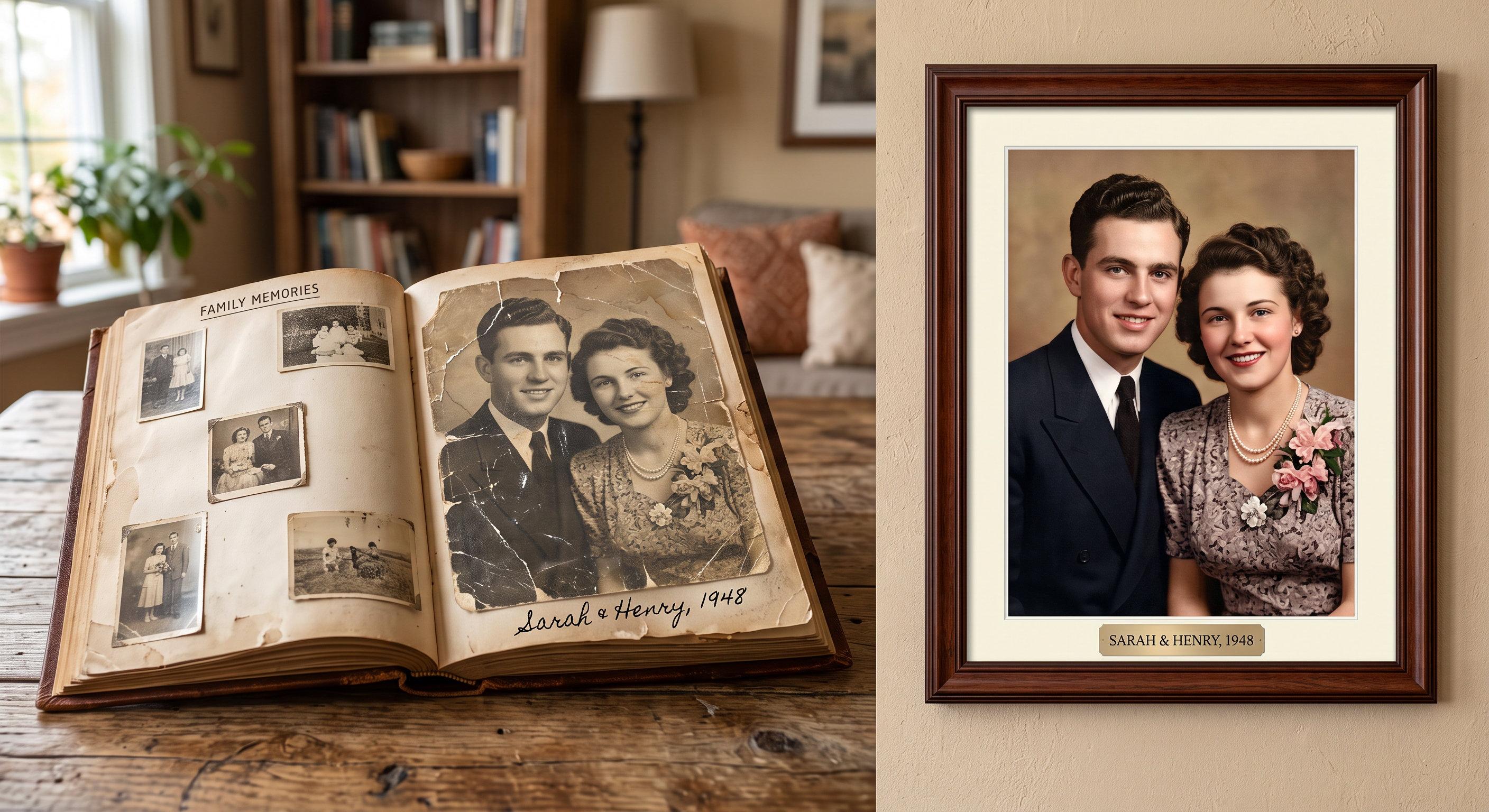 A cracked, faded wedding portrait in an old family album beside the same portrait restored, colorized, and framed