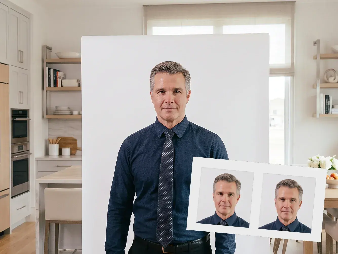 An at-home passport photo setup with a portable white backdrop, with finished printed 2×2 passport photos — the same service in East & West Dundee
